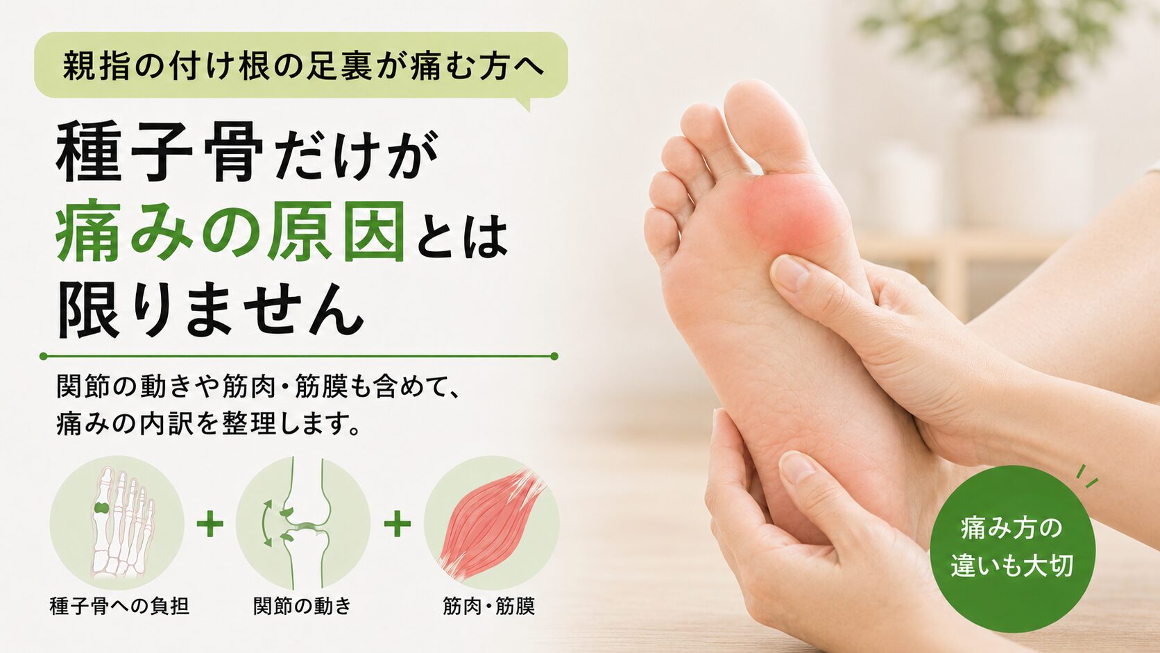 足の親指の付け根が痛い|種子骨障害は足裏にかかる負担が関係します