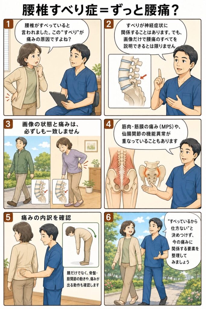 腰椎すべり症と腰痛の関係を6コマで解説し、画像の状態と痛みが必ずしも一致せず、MPSや仙腸関節の機能異常が重なる場合もあることを示した漫画
