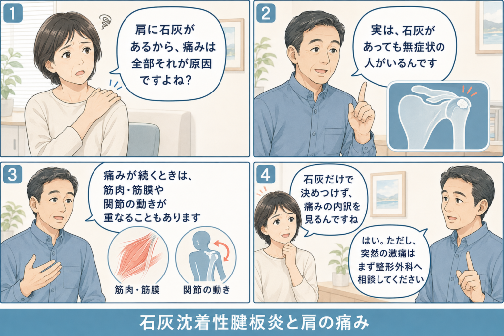 石灰沈着があっても無症状の場合があり、肩の痛みには筋肉・筋膜や関節の動きも関係する可能性を説明する4コマ漫画
