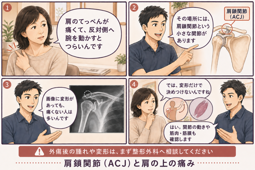肩鎖関節の変形だけで肩の痛みを決めつけず、関節の動きや筋肉・筋膜も確認することを説明する4コマ漫画