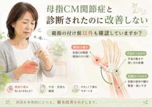 母指CM関節症と診断されたのに改善しない→親指の付け根以外も確認していますか？