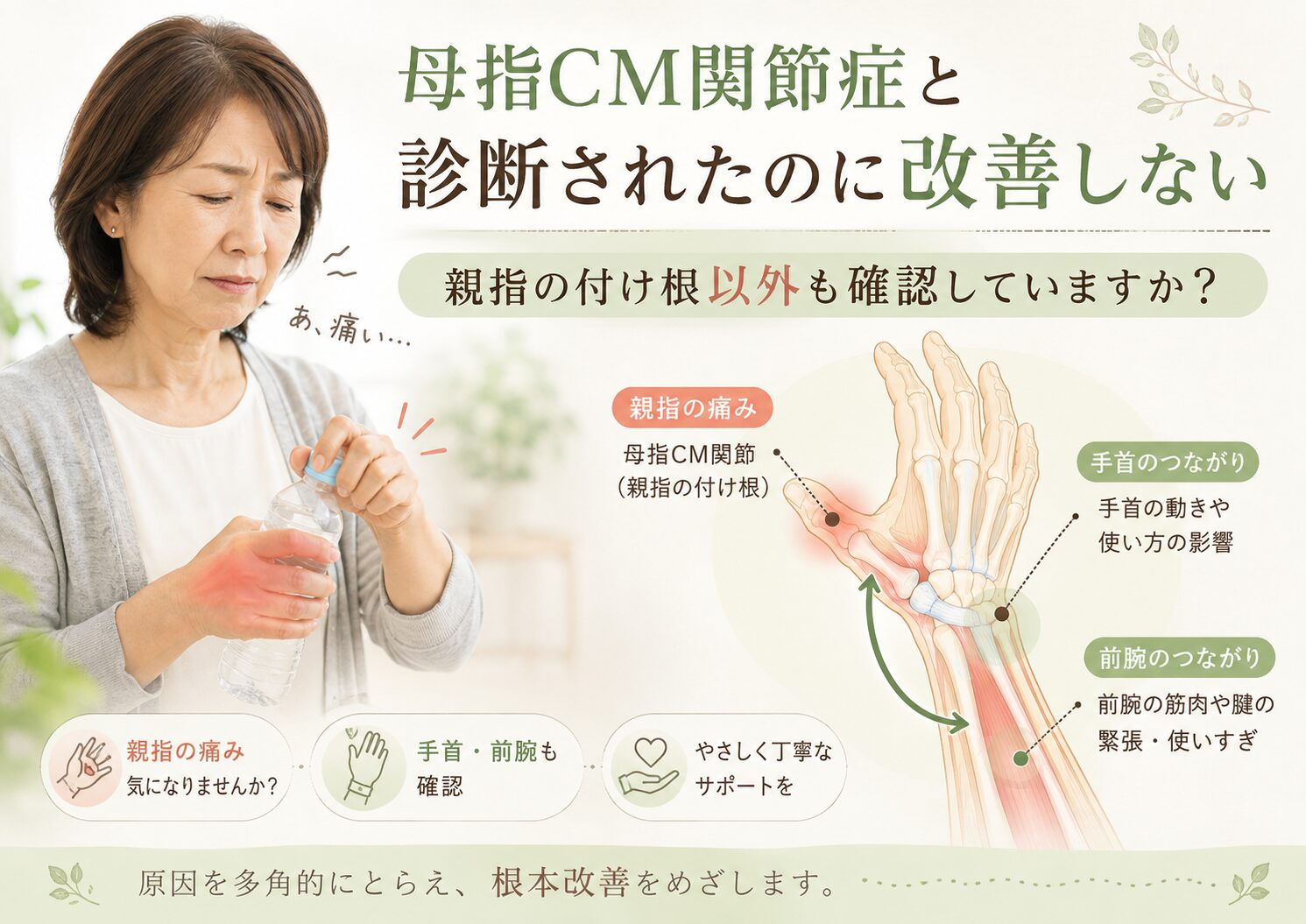 母指CM関節症と診断されたのに改善しない→親指の付け根以外も確認していますか?