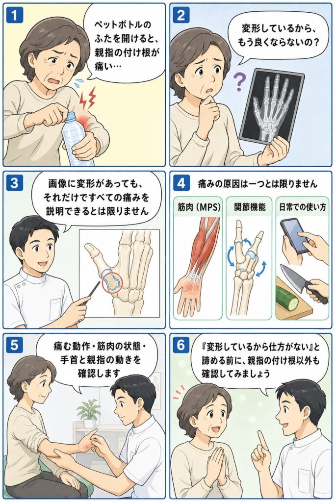 母指CM関節症の痛みに、親指や前腕の筋肉、手首の関節機能、日常での使い方が関係する可能性を解説した6コマ漫画
