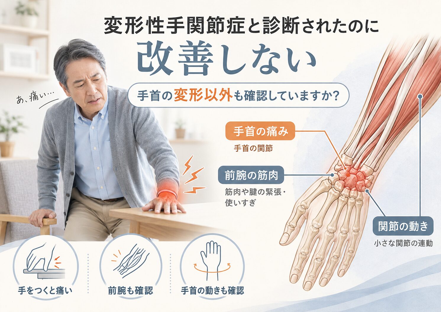 変形性手関節症と診断されたのに改善しない→手首の変形以外も確認していますか？
