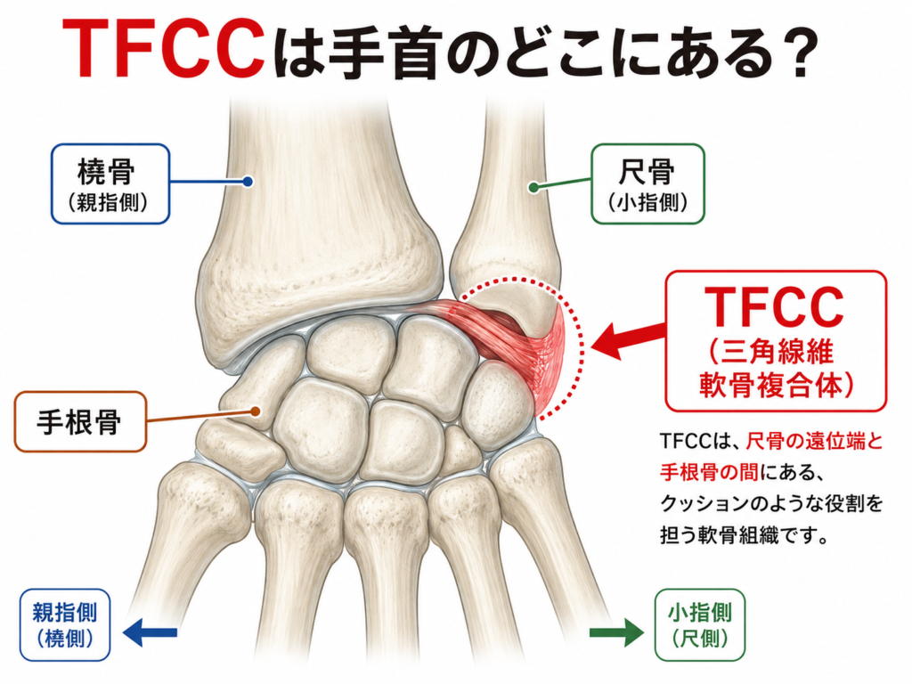 TFCCの位置を示した手首の解剖イラスト。橈骨、尺骨、手根骨とともに、手首の小指側にあるTFCC(三角線維軟骨複合体)の位置を示している図。