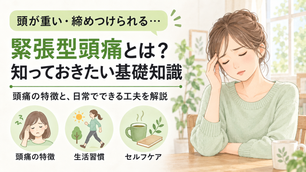 こめかみに手を添える女性と、頭痛の特徴・生活習慣・セルフケアを描いた緊張型頭痛の解説画像