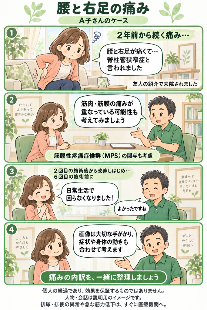 2年前から腰と右足の痛みが続くA子さんの経過を紹介する4コマ漫画。筋肉・筋膜の痛みの関与も考え、施術後に日常生活への支障がなくなった経過と、画像・症状・身体の動きを合わせて考える大切さを伝えています。