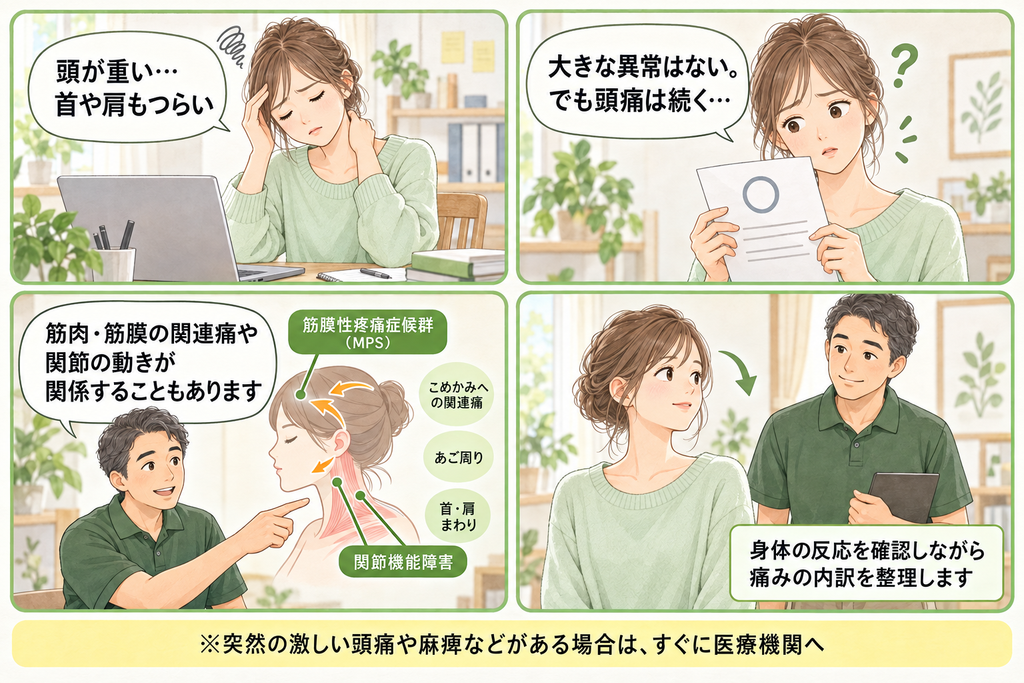 緊張型頭痛で悩む女性に、筋膜性疼痛症候群(MPS)による関連痛や関節機能障害の可能性を説明する四コマ漫画