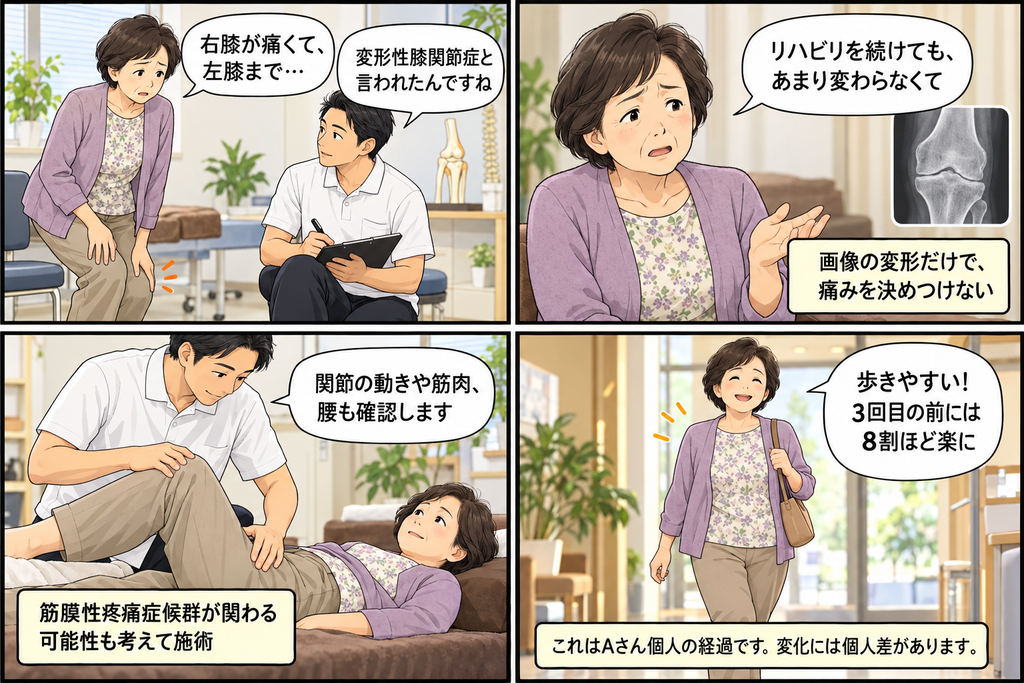 変形性膝関節症と言われた60代女性が、膝の動きや筋肉、腰も確認する施術を受け、歩きやすくなった経過を描いた4コマ漫画。