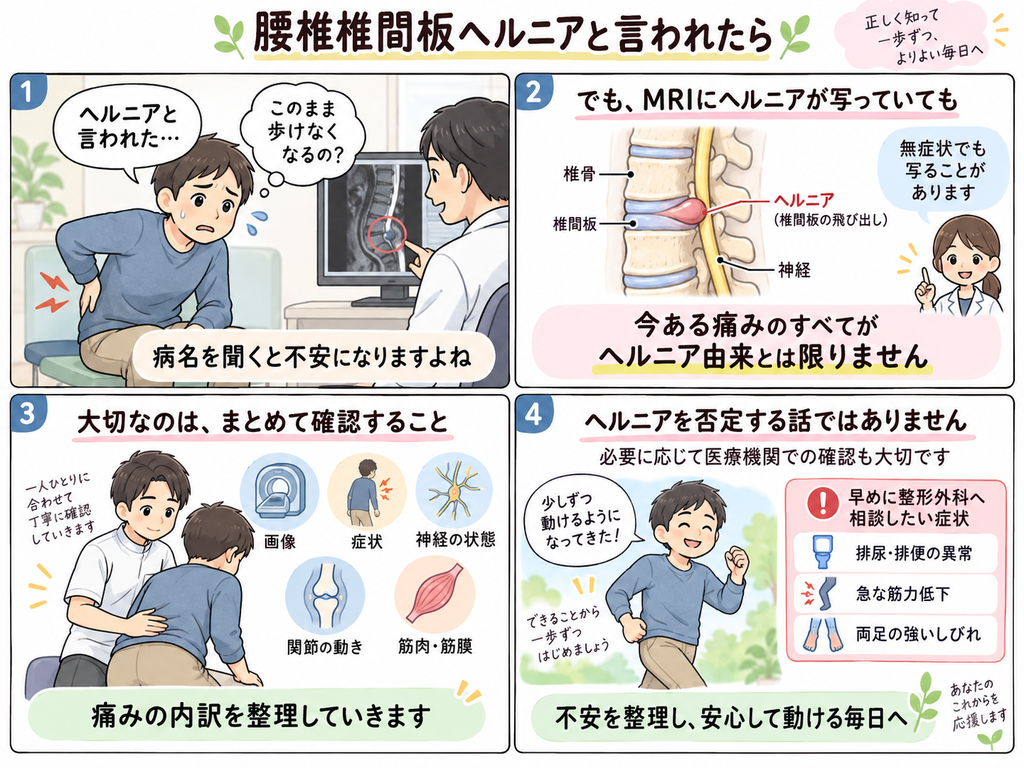 腰椎椎間板ヘルニアの画像所見だけで痛みの原因を決めつけず、症状や神経、関節、筋肉・筋膜を確認する大切さを説明する4コマ漫画