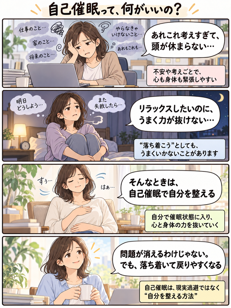 考えすぎて頭が休まらない女性が、自己催眠で心と身体の力を抜き、落ち着きを取り戻していく4コマ漫画
