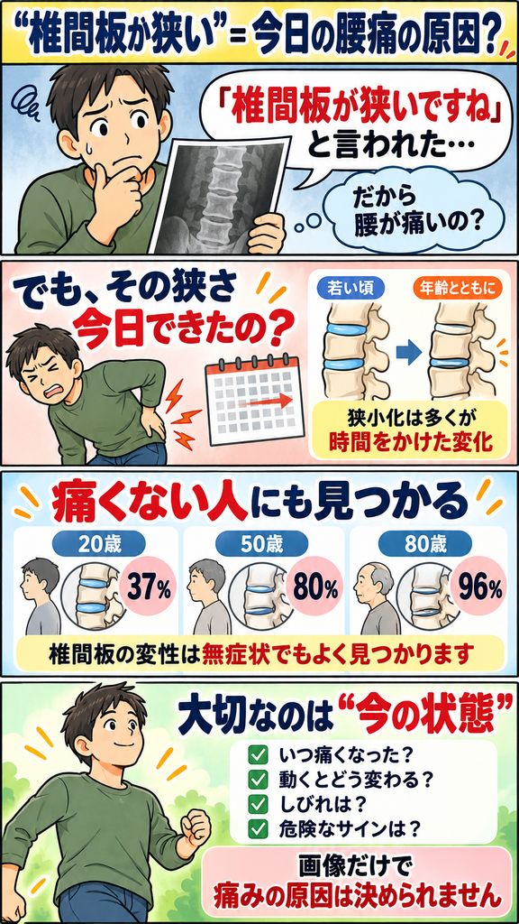 「椎間板が狭い=今日の腰痛の原因とは限らないことを説明する腰痛の啓発漫画」